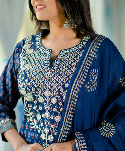 Women's Blue Handblock Dupatta Set