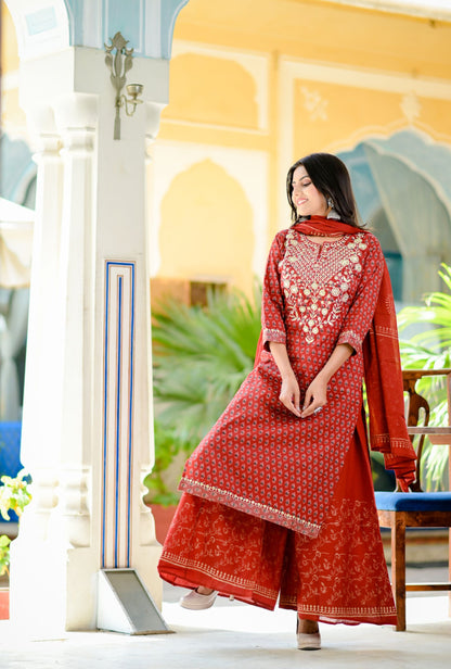 Women's Red Handblock Dupatta Set