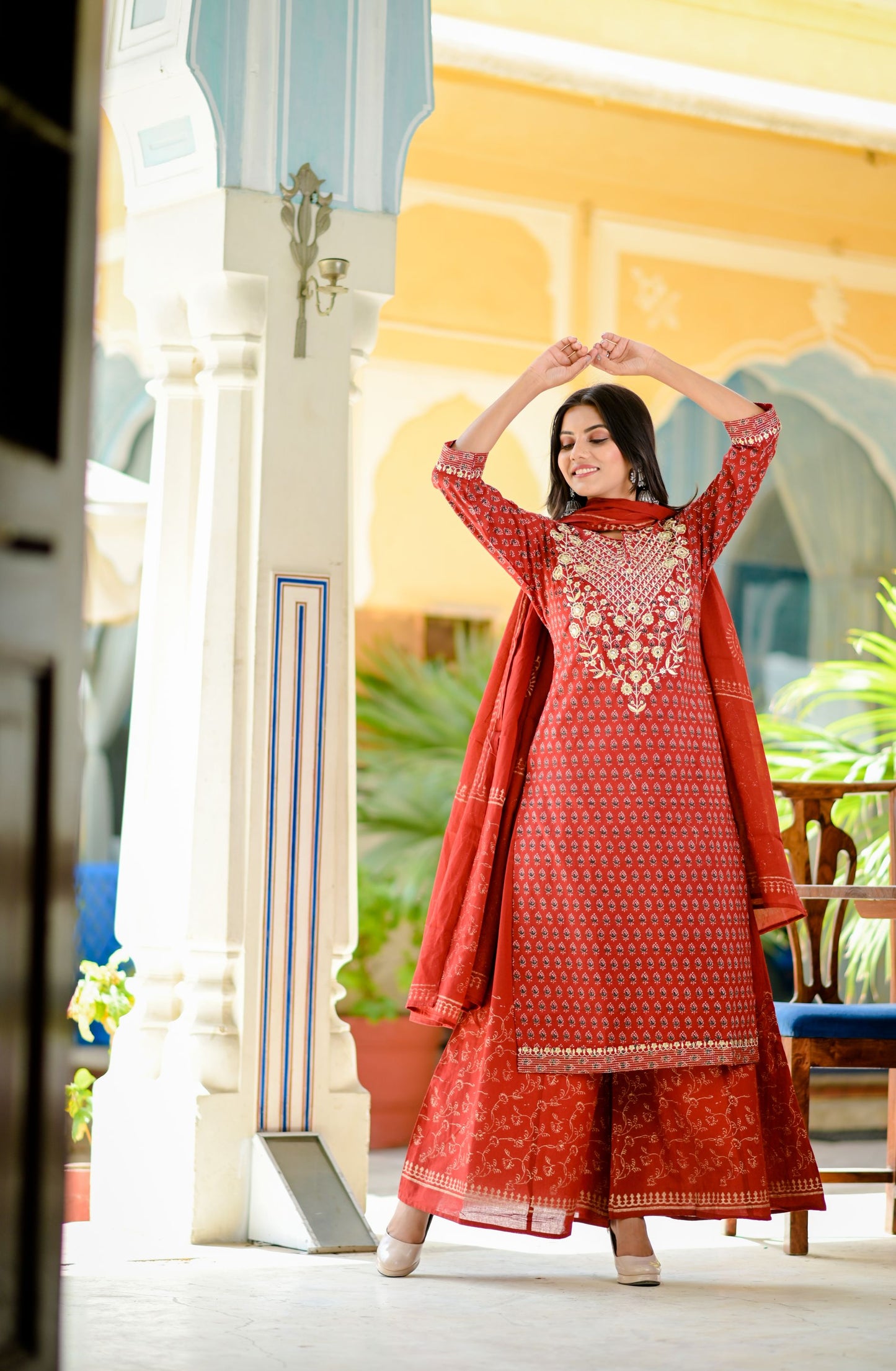 Women's Red Handblock Dupatta Set