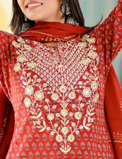 Women's Red Handblock Dupatta Set