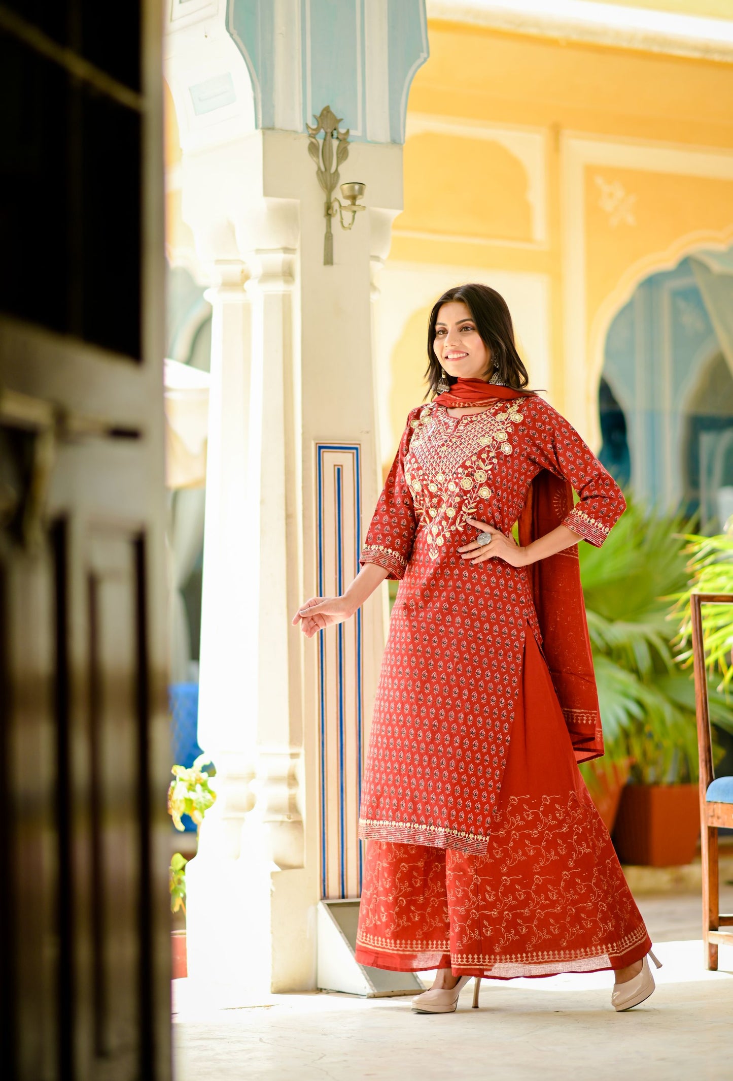 Women's Red Handblock Dupatta Set
