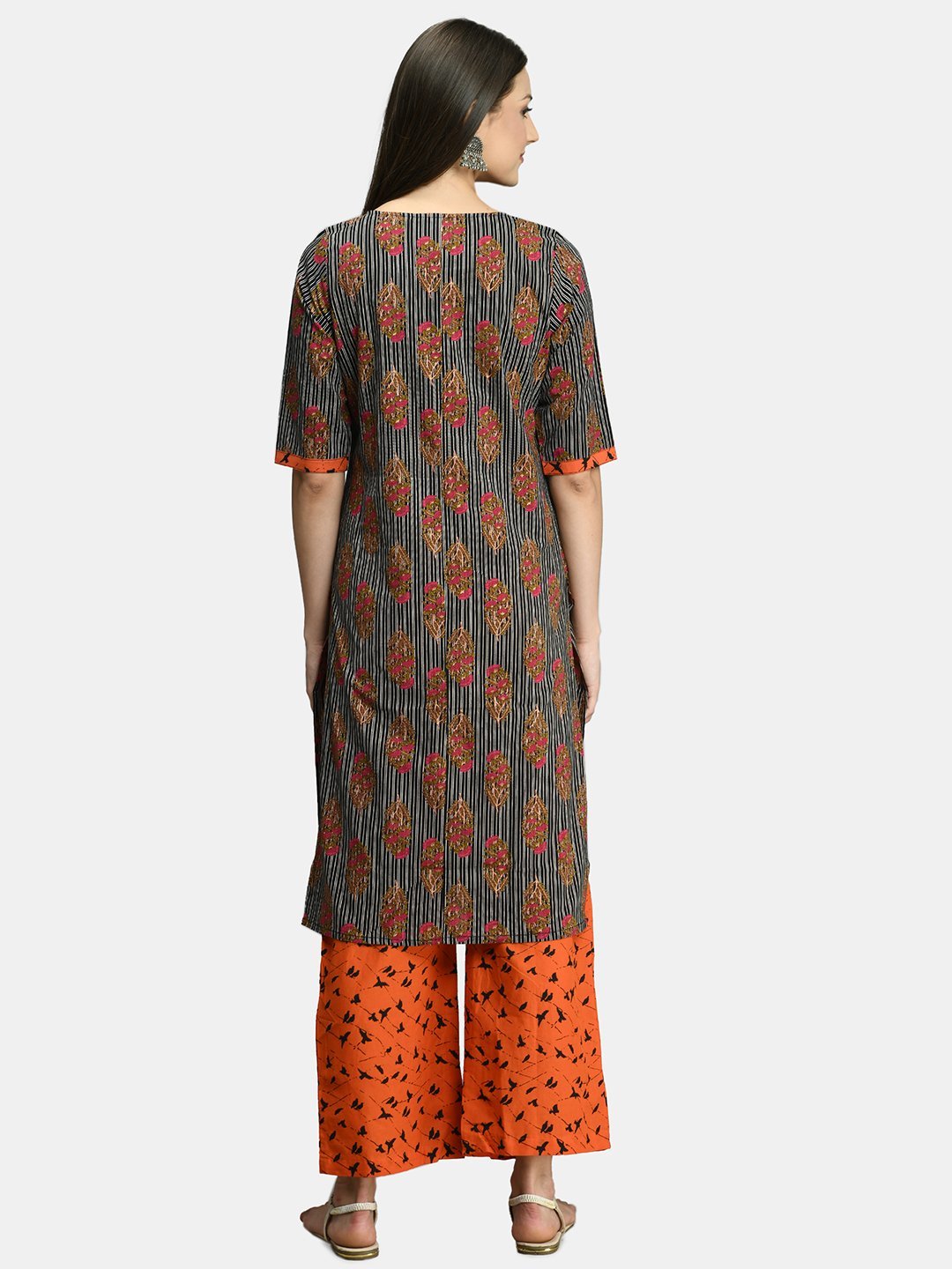 Women Black and Orange Cotton Printed Kurta Palazzo Set by Myshka (