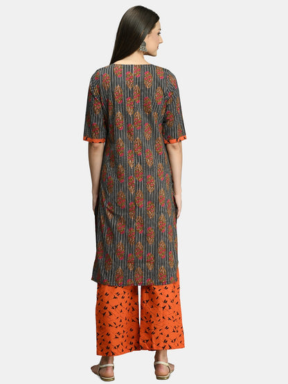 Women Black and Orange Cotton Printed Kurta Palazzo Set by Myshka (