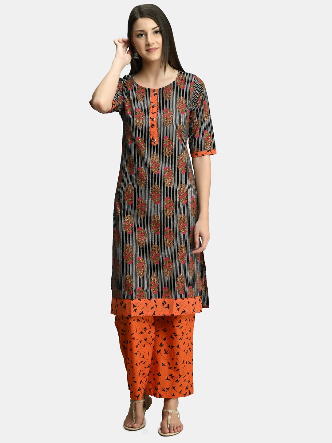 Women Black and Orange Cotton Printed Kurta Palazzo Set by Myshka (