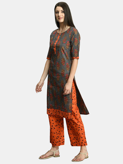 Women Black and Orange Cotton Printed Kurta Palazzo Set by Myshka (
