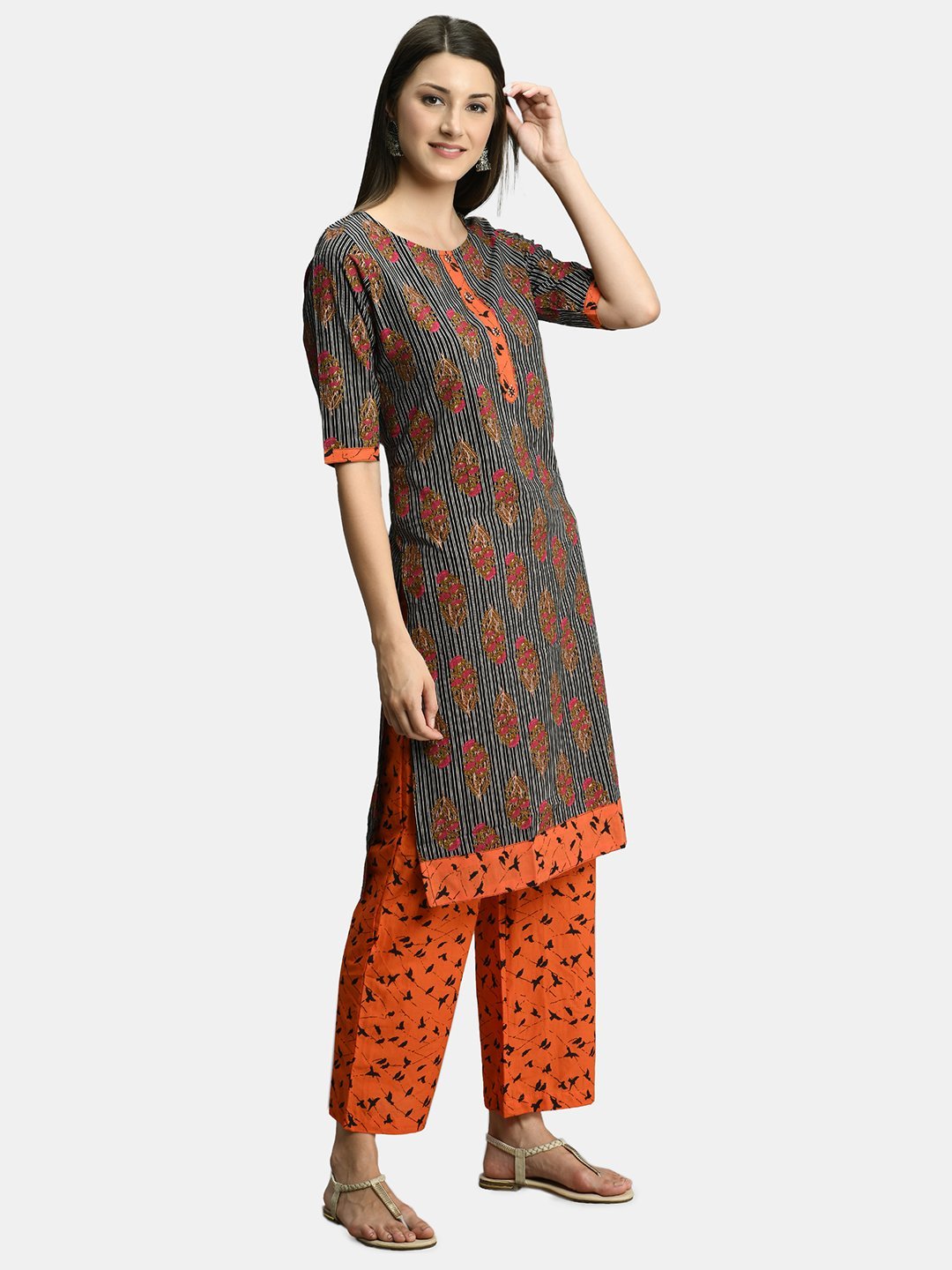 Women Black and Orange Cotton Printed Kurta Palazzo Set by Myshka (