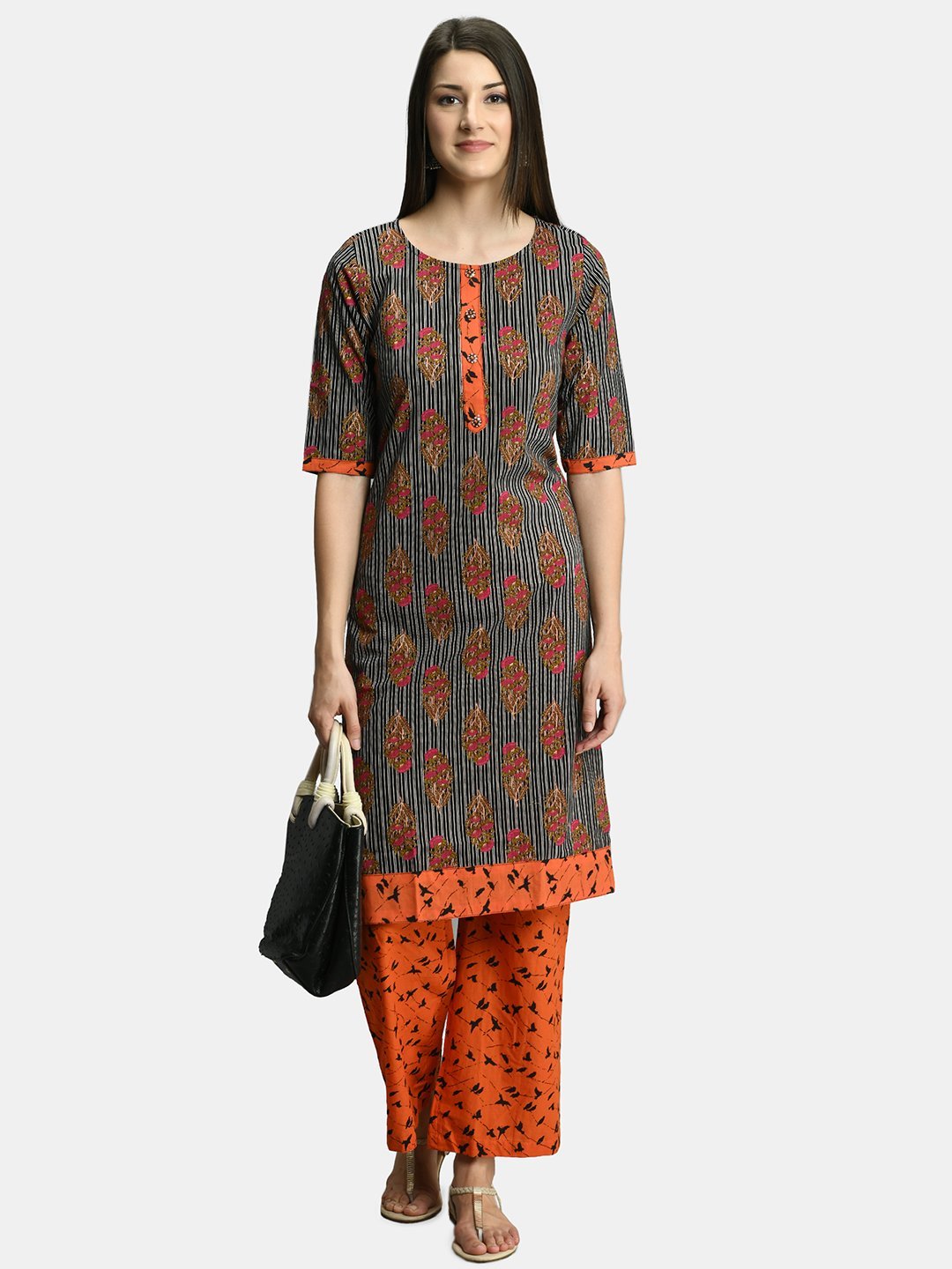 Women Black and Orange Cotton Printed Kurta Palazzo Set by Myshka (