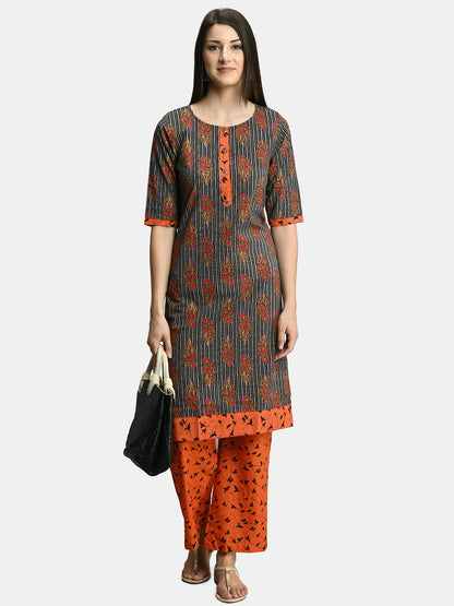 Women Black and Orange Cotton Printed Kurta Palazzo Set by Myshka (