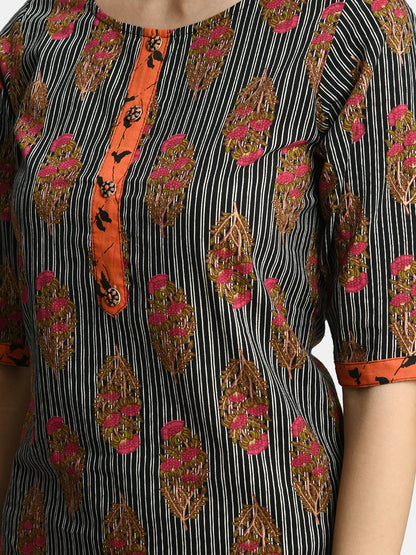 Women Black and Orange Cotton Printed Kurta Palazzo Set by Myshka (