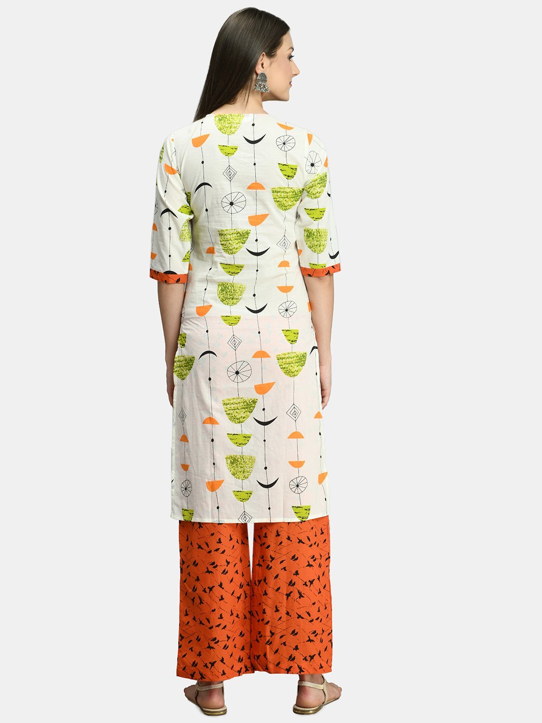 Women White and Orange Cotton Printed Kurta Palazzo Set by Myshka (