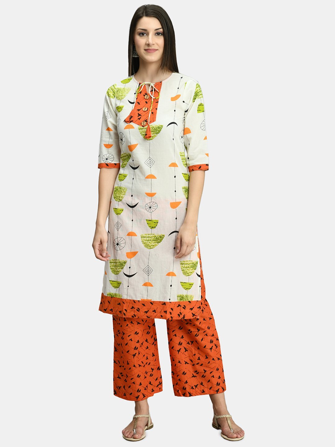 Women White and Orange Cotton Printed Kurta Palazzo Set by Myshka (