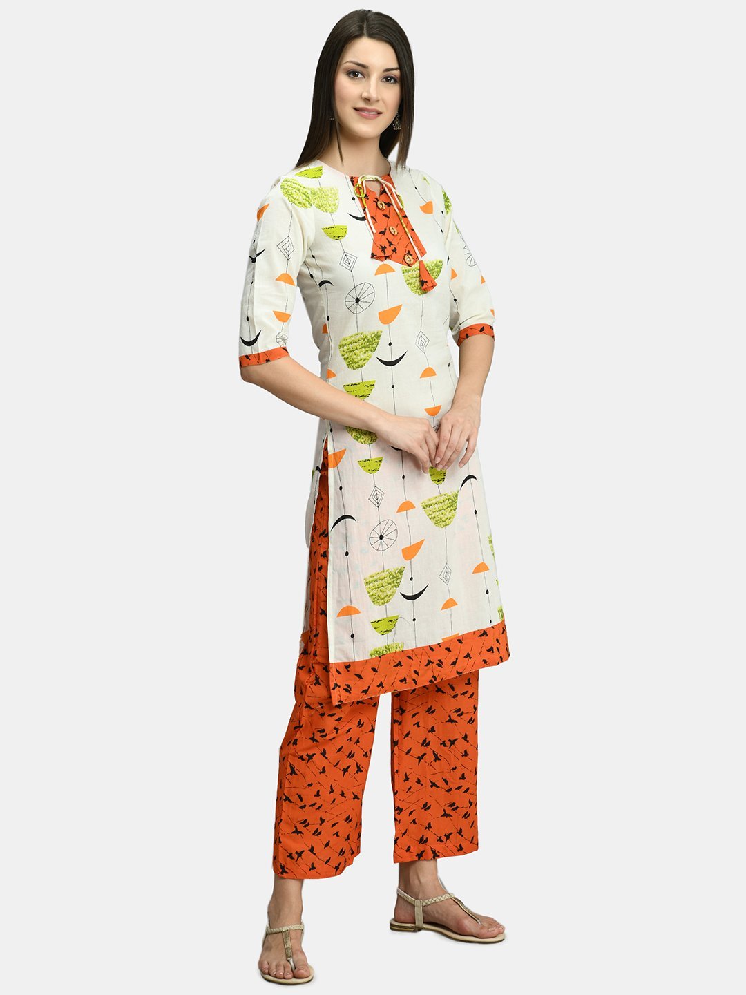 Women White and Orange Cotton Printed Kurta Palazzo Set by Myshka (
