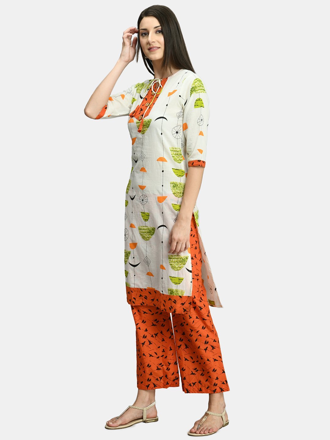 Women White and Orange Cotton Printed Kurta Palazzo Set by Myshka (