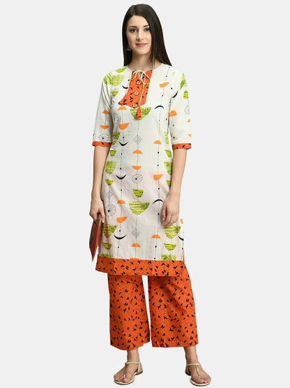 Women White and Orange Cotton Printed Kurta Palazzo Set by Myshka (
