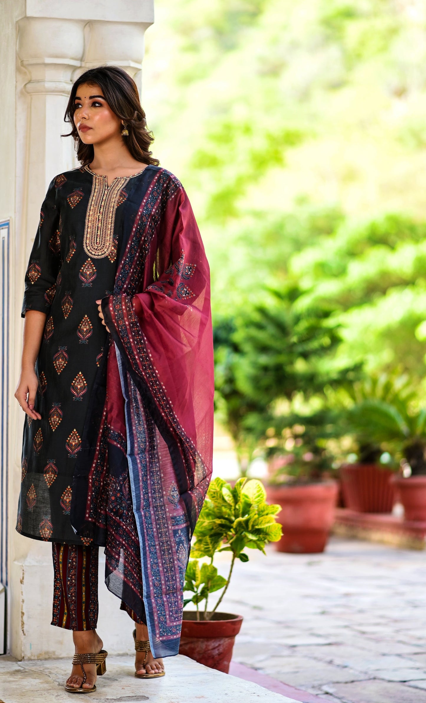 Women's Black Handblock Dupatta Set