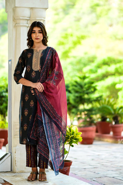Women's Black Handblock Dupatta Set