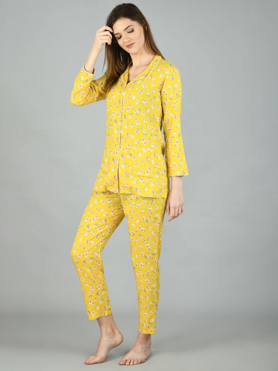 Women's Yellow Cotton Printed Full Sleeve Shirt Collar Casual Shirt Pyjama Set