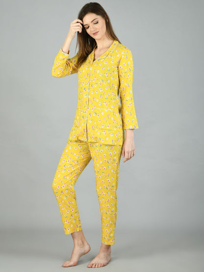 Women's Yellow Cotton Printed Full Sleeve Shirt Collar Casual Shirt Pyjama Set