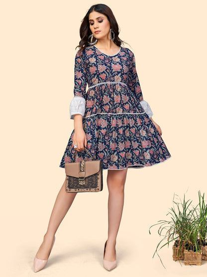 Women's Floral Print Flared Cotton Blue Stitched Dress