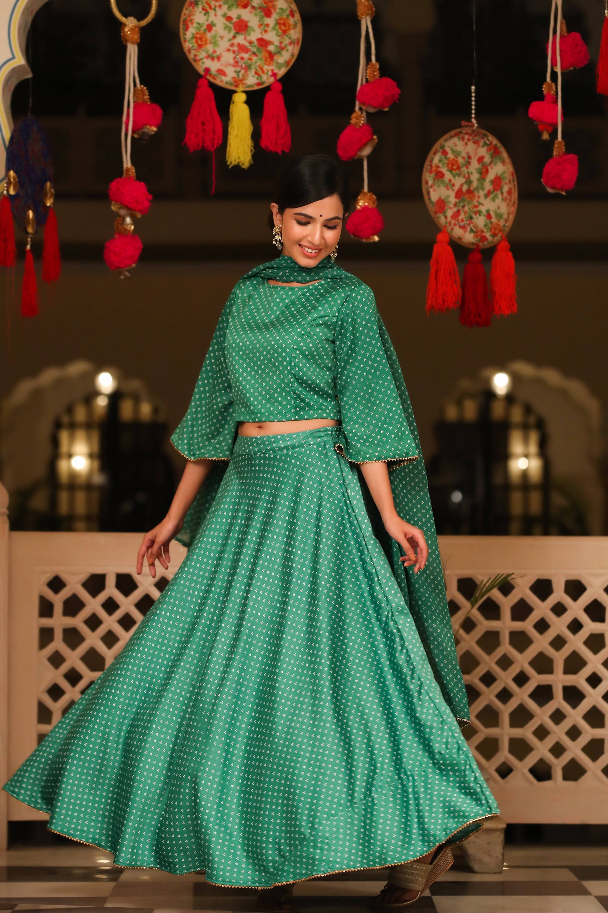 Buy_Women's_Green_Dull_Satin_Printed_Lehenga_Choli_&_Dupatta_Set_Online_Trendia