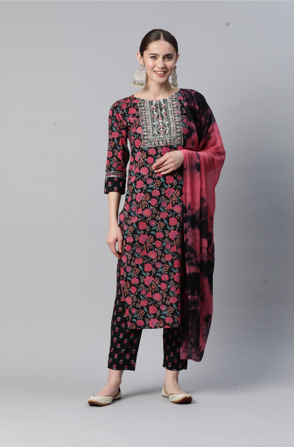 Women's Print & Embroidered Straight Cotton Pink Stitched Kurta Pant With Dupatta