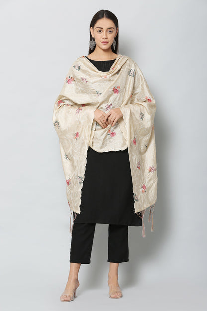 Women's Fown Color Art Silk Embroidery and Digital Printed Dupatta
