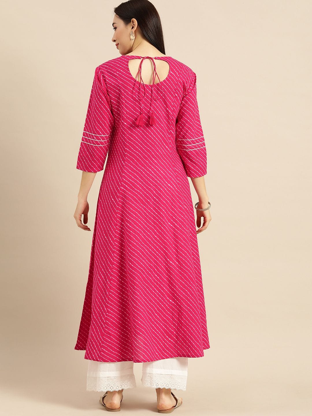 Women's Pink & White Leheriya Printed Angrakha Kurta With Embroidery