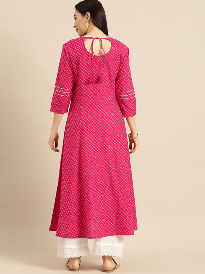 Women's Pink & White Leheriya Printed Angrakha Kurta With Embroidery