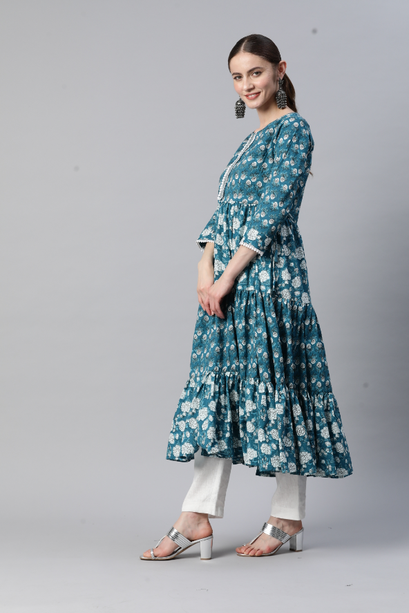 Women's Floral Printb & Lace Work Anarkali Cotton Teal Blue Stitched Kurta