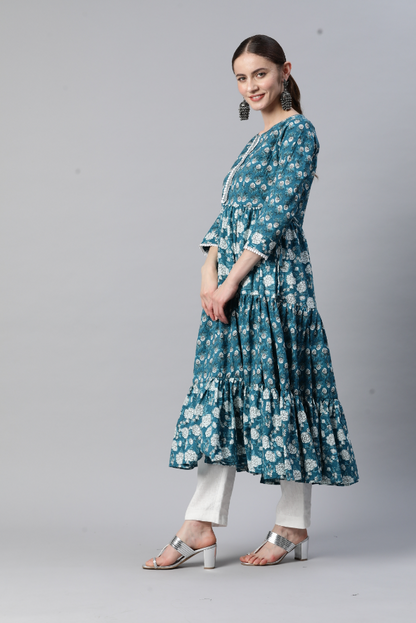 Women's Floral Printb & Lace Work Anarkali Cotton Teal Blue Stitched Kurta