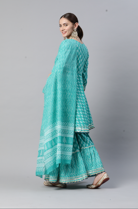 Women's Embroidered Flared Cotton Turquoise Stitched Kurta Sharara With Dupatta
