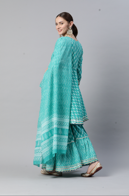 Women's Embroidered Flared Cotton Turquoise Stitched Kurta Sharara With Dupatta