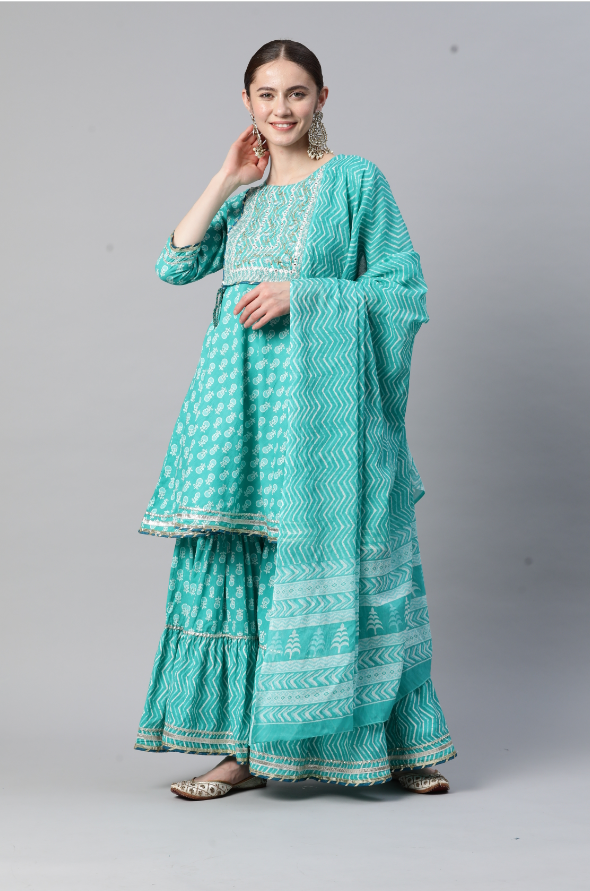 Women's Embroidered Flared Cotton Turquoise Stitched Kurta Sharara With Dupatta