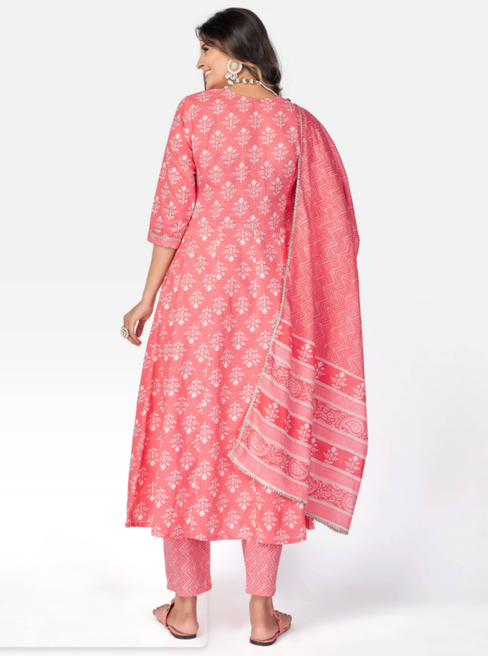 Women's Pink Anarkali Cotton Kurta With Pant & Dupatta By Vbuyz (3