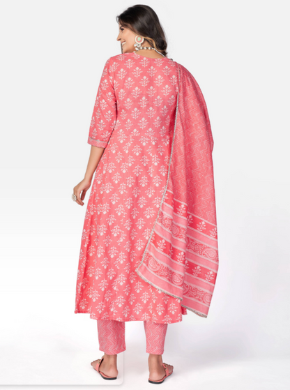 Women's Pink Anarkali Cotton Kurta With Pant & Dupatta By Vbuyz (3