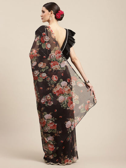 Women's Black Chiffon Digital Print Floral Saree