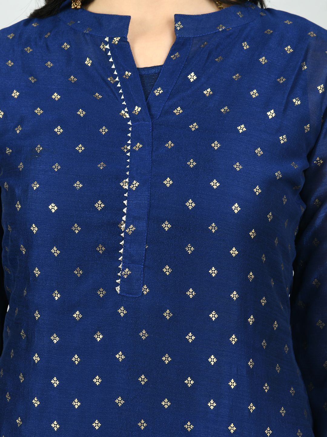 Women's Navy Blue Georgette Printed 3/4 Sleeve Mandarin Neck Casual Kurta Cammy Set