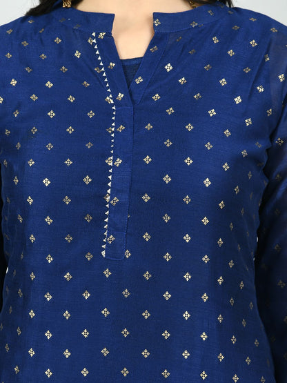 Women's Navy Blue Georgette Printed 3/4 Sleeve Mandarin Neck Casual Kurta Cammy Set