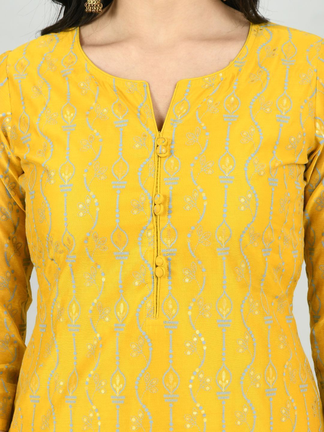 Women's Yellow Chanderi Printed 3/4 Sleeve Round Neck Casual Kurta Pant Set