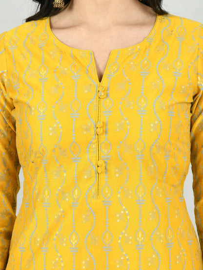 Women's Yellow Chanderi Printed 3/4 Sleeve Round Neck Casual Kurta Pant Set