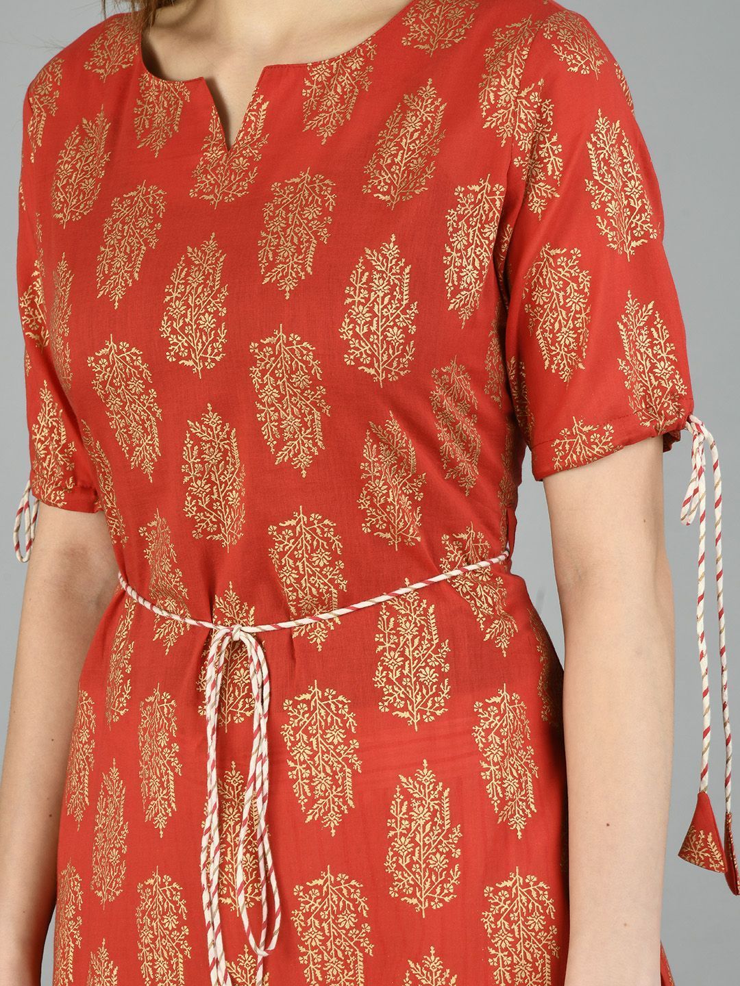 Women's Brown Cotton Printed Half Sleeve Round Neck Casual Kurta Pant Set