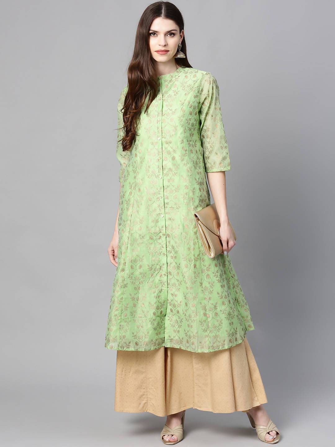 Buy_Women's_Pista_Green_Chanderi_Printed_A-Line_Kurta_Online_Trendia