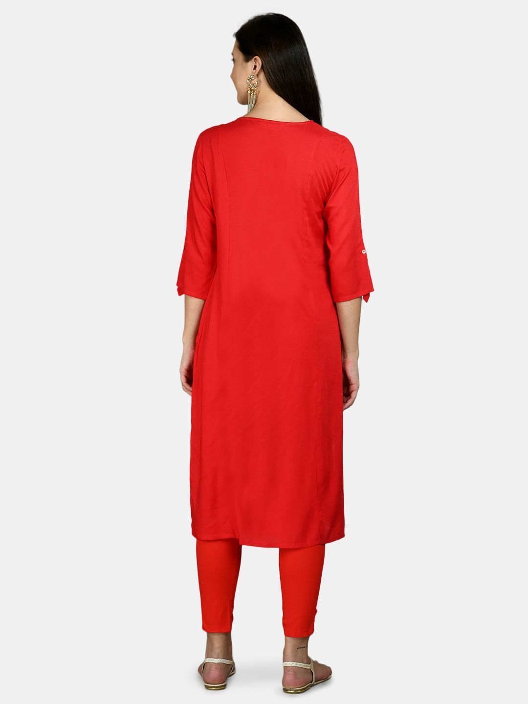 Women's Red Cotton Solid 3/4 Sleeve Round Neck Casual Kurta Pant Dupatta Set