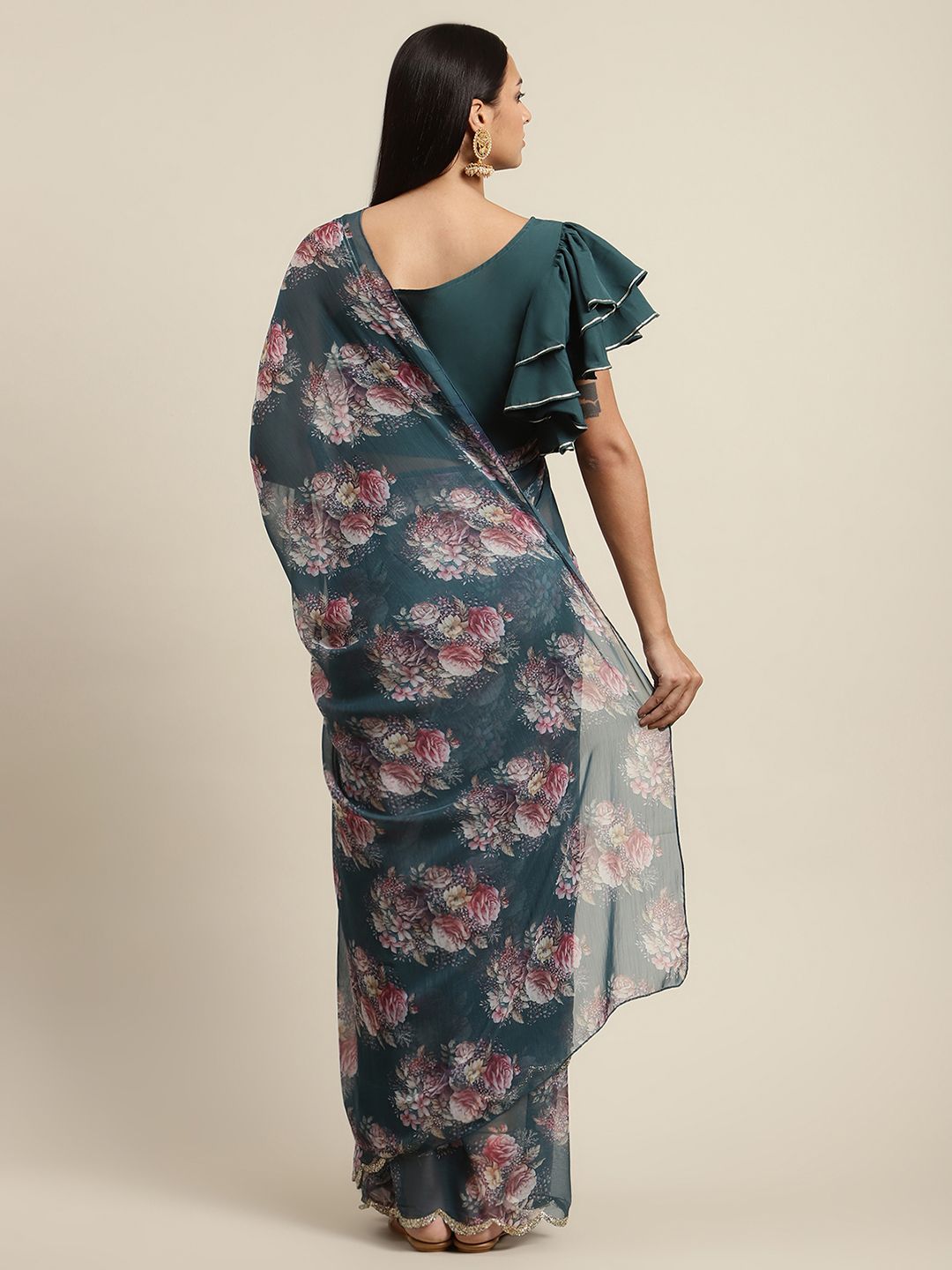 Women's Green Chiffon Digital Print Floral Saree