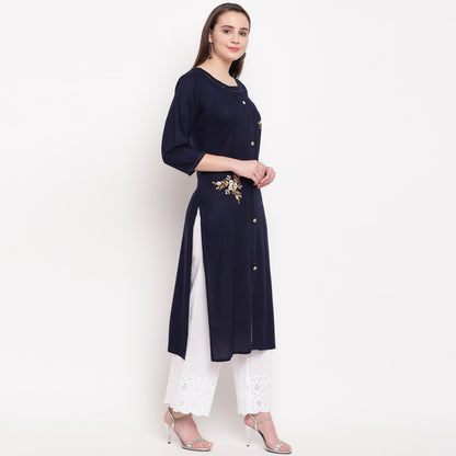 Women's Embroidered/Solid Straight Rayon Blue Kurta (1Pc)