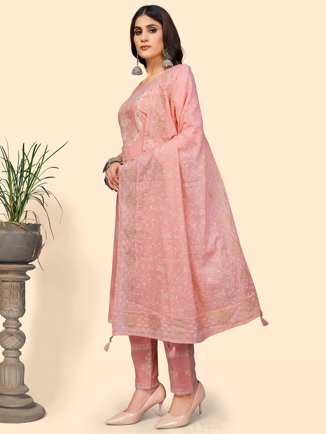 Women's Embroidered Straight Rayon Light Pink Stitched Kurta Pant With Dupatta