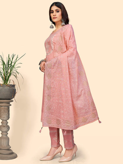 Women's Embroidered Straight Rayon Light Pink Stitched Kurta Pant With Dupatta