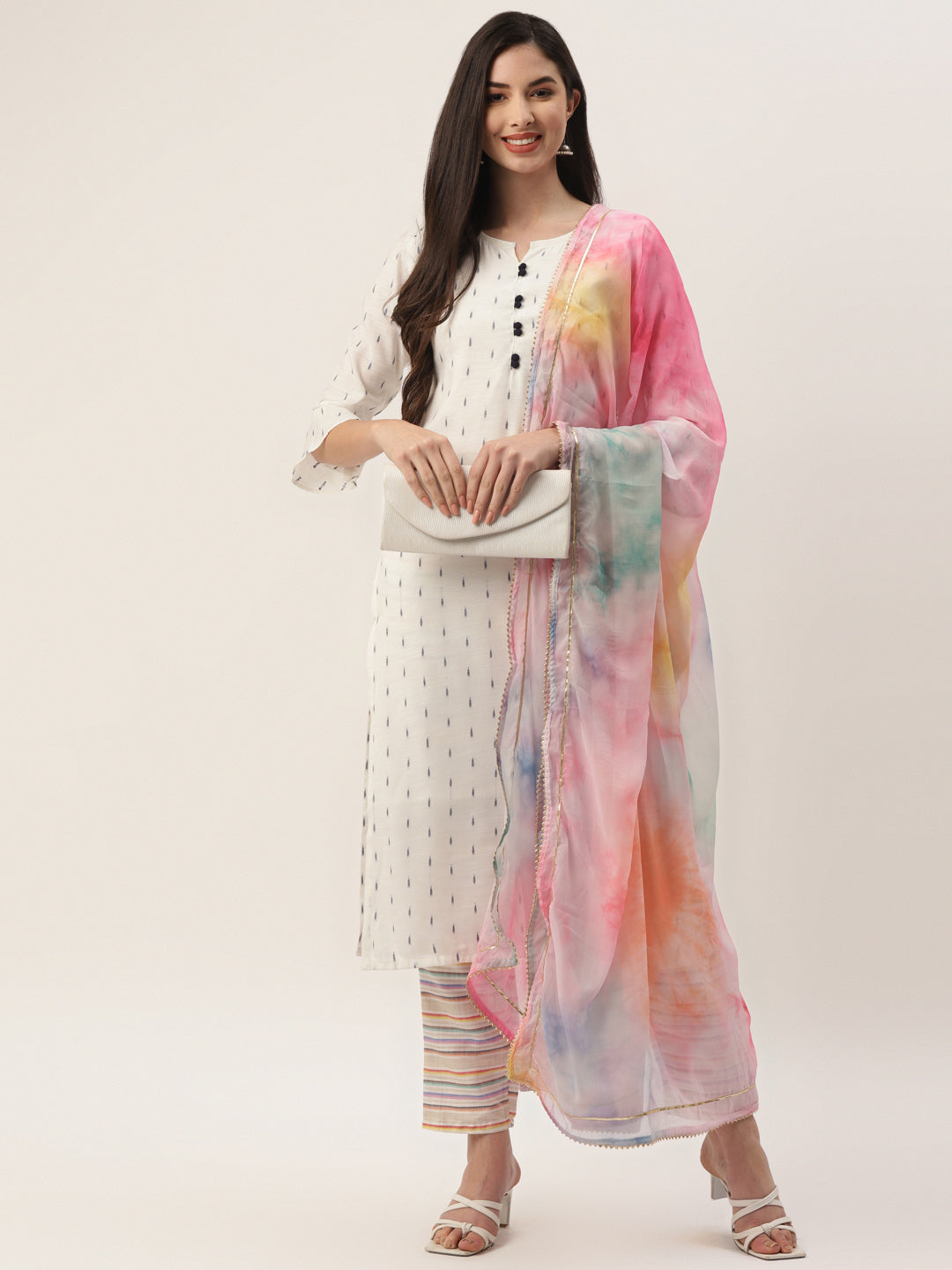 Women's White Cotton Blend Self Design Straight Kurta Trouser Set With Dupatta