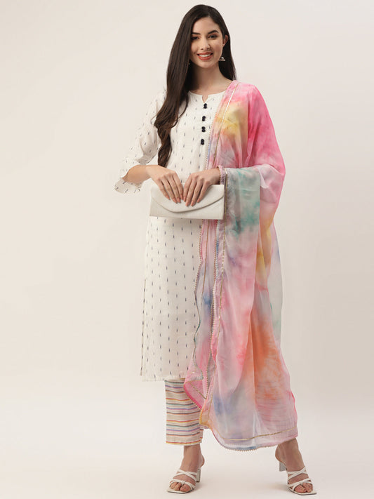 Women's White Cotton Blend Self Design Straight Kurta Trouser Set With Dupatta
