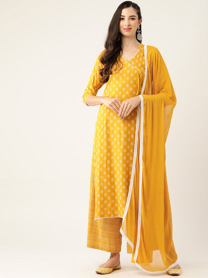 Women's Mustard Color Rayon Blend Printed Kurta Palazzo With Dupatta